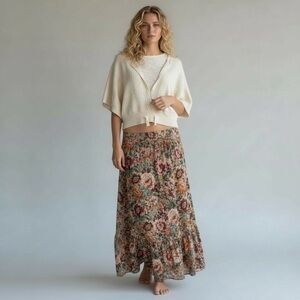 Pink Twill Ivory Cotton Pointelle Knit Batwing Crop Sweater Size Large Boho